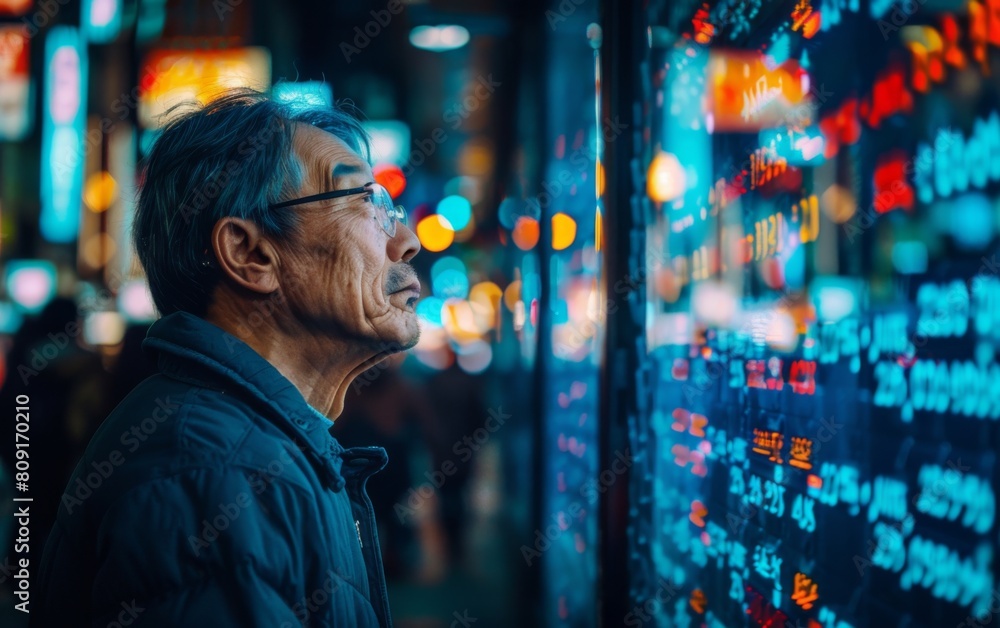 A man is standing in front of a wall filled with numbers, appearing contemplative A man is standing in front of a wall filled with numbers, appearing contemplative
