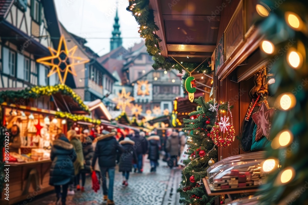 Busy Christmas Market With People Walking Through, A bustling European Christmas market with colorful stalls and festive decorations