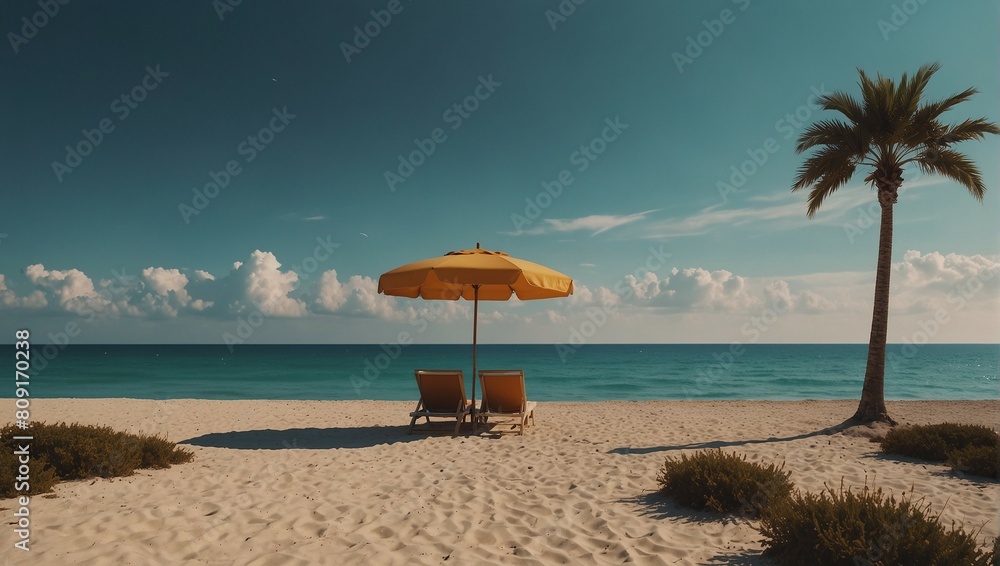 Coastal Getaway: Relaxing in Deck Chairs under Orange Umbrella on Sun-Kissed Sandy Shore Coastal Getaway: Relaxing in Deck Chairs under Orange Umbrella on Sun-Kissed Sandy Shore