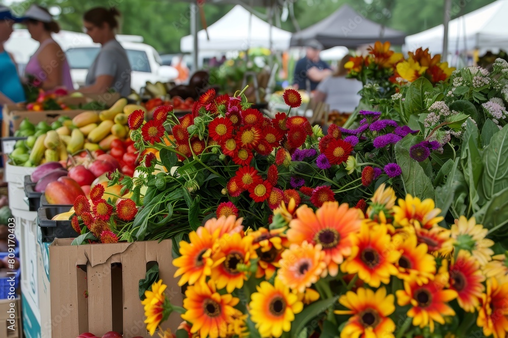 Fototapeta premium A variety of vibrant flowers neatly arranged on a table at a bustling farmers market, A bustling farmers market filled with fresh produce and vibrant flowers