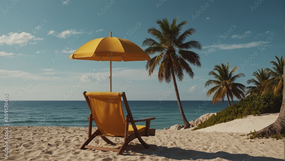 Tropical Tranquility: Enjoying the Shade of Orange Umbrella on Palm-Fringed Beachfront Tropical Tranquility: Enjoying the Shade of Orange Umbrella on Palm-Fringed Beachfront