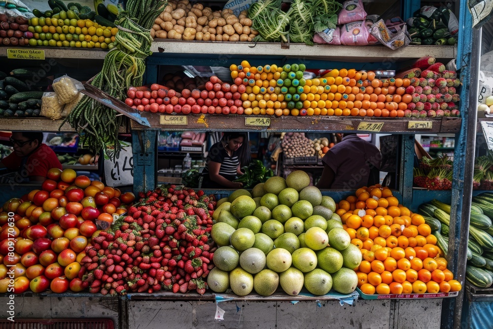 A vibrant fruit stand packed with an array of colorful fruits and vegetables, A bustling grocery store filled with colorful fruits and vegetables