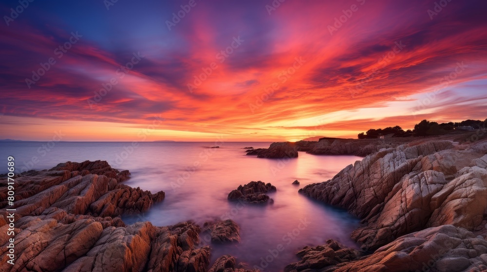 Vibrant sunset over rocky coastline