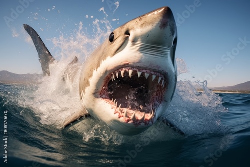 Ferocious great white shark breaching the water