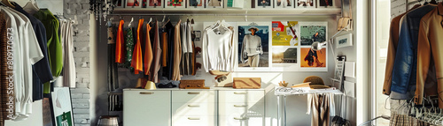 Fashion Stylist's Wall: Displaying fashion magazine tear sheets, style inspiration boards, and a rack with clothing samples. photo