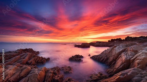 Vibrant sunset over rocky coastline