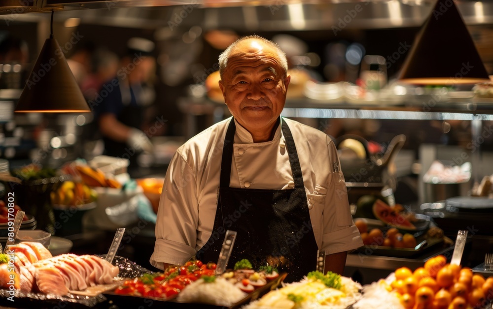 A man is standing in front of a counter overflowing with various types of food A man is standing in front of a counter overflowing with various types of food