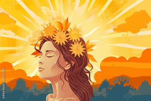 Artistic representation of a woman with autumn leaves in her hair against a vivid sunset