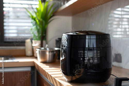 A black rice cooker with a delay timer, allowing you to schedule cooking in advance.