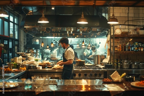 A man standing in a busy kitchen, focused on preparing food, A bustling kitchen behind the scenes