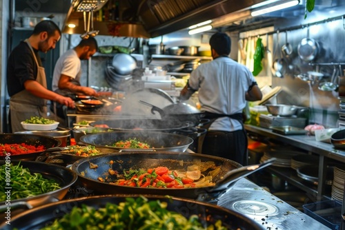 A busy scene in a kitchen as a group of individuals work together to prepare food, A bustling kitchen filled with the aromas of home-cooked dishes being prepared