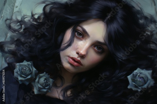 Mysterious woman with dark hair and roses