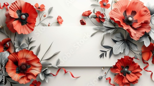 A white sign is surrounded by red flowers photo