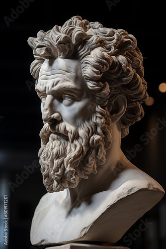 Detailed sculpture of a bearded man with intricate hair and facial features