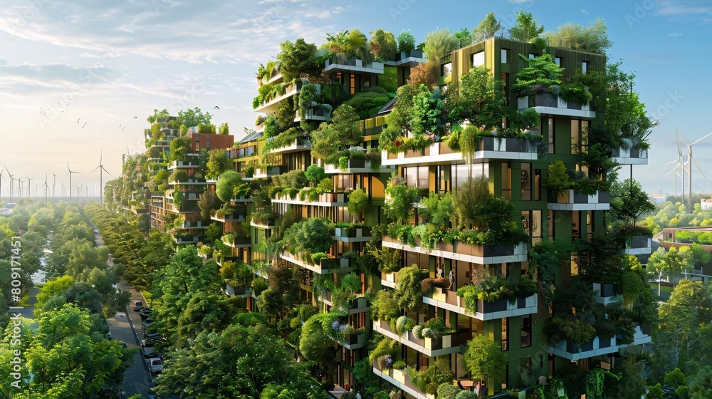 Eco-Friendly Metropolis: Skyline Dotted with Green Rooftops, Vertical Gardens, Solar Panels, and Wind Turbines in a Sustainable Urban Environment