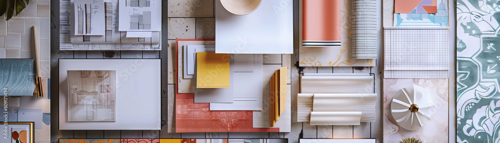 Interior Designer's Wall: Adorned with wallpaper samples, fabric swatches, and a board with room layout plans Interior Designer's Wall: Adorned with wallpaper samples, fabric swatches, and a board with room layout plans