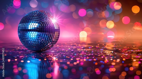 Disco ball reflecting colorful lights on the dance floor photo