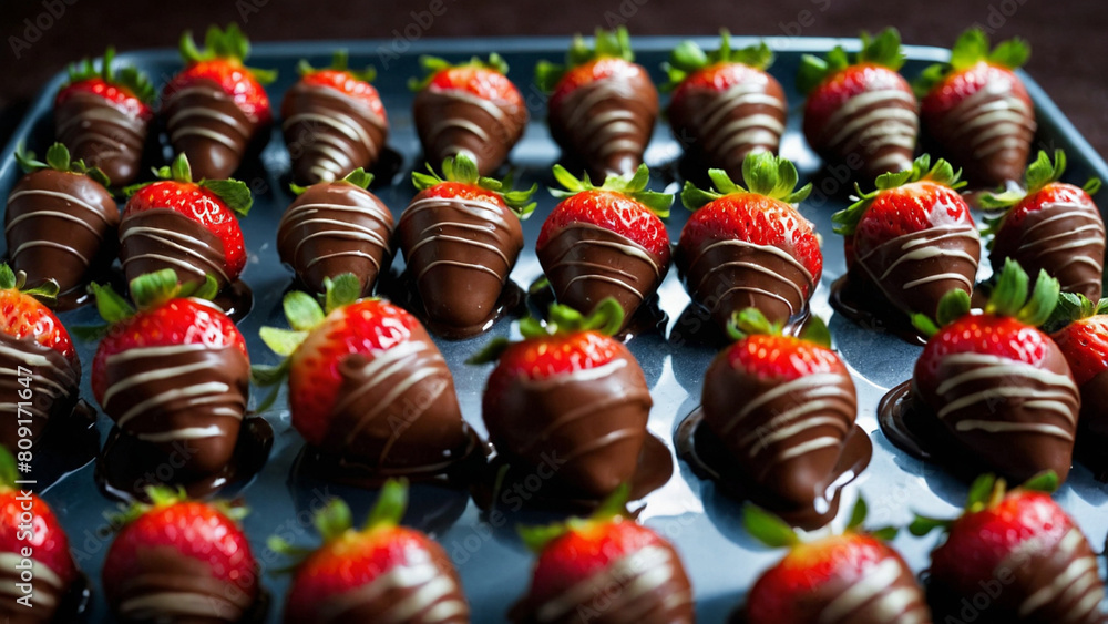 Chocolate Covered Strawberries in Rows. Many hand dipped chocolate covered strawberries in a row with shallow depth of field Chocolate Covered Strawberries in Rows. Many hand dipped chocolate covered strawberries in a row with shallow depth of field