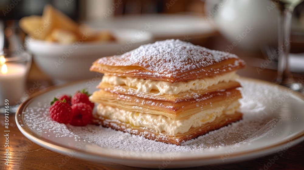 Mille-Feuille napoleon prepare classic mille-feuille napoleon with layers of crisp puff pastry AI generated Mille-Feuille napoleon prepare classic mille-feuille napoleon with layers of crisp puff pastry AI generated