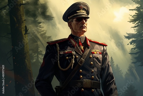 Illustrated military commander with medals stands confidently in a sunlit forest