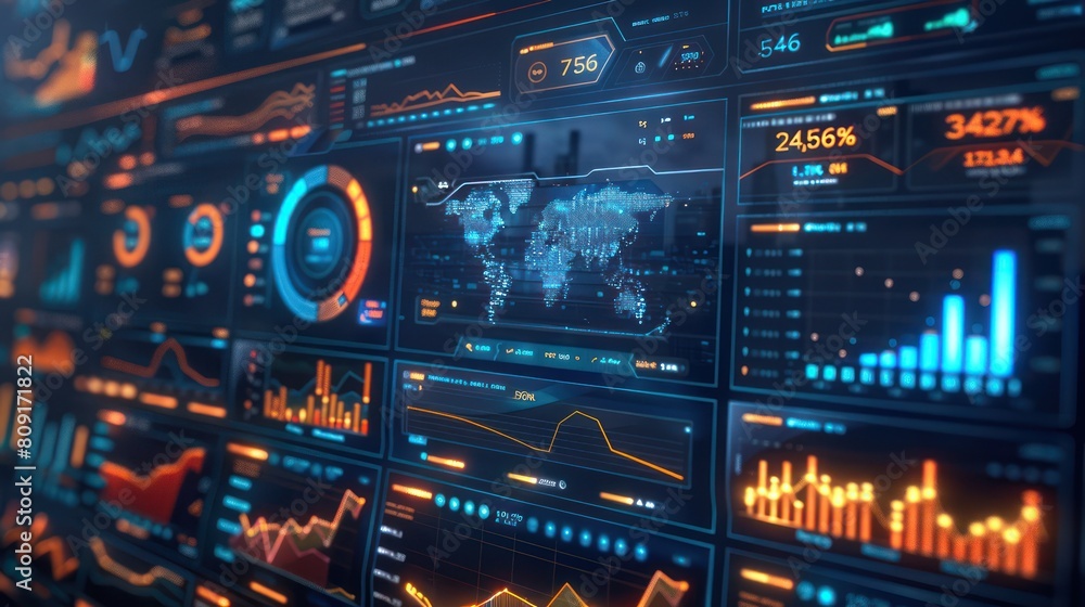 Futuristic dashboard with graphs, charts, and world map.