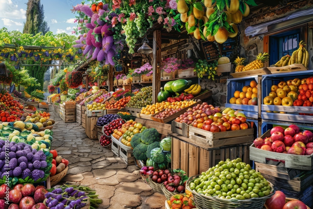 A busy farmers market brimming with colorful fruits and vegetables on display, A bustling spring market filled with fresh fruits, vegetables, and flowers