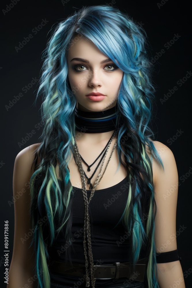 Vibrant blue and green hair woman with dark makeup