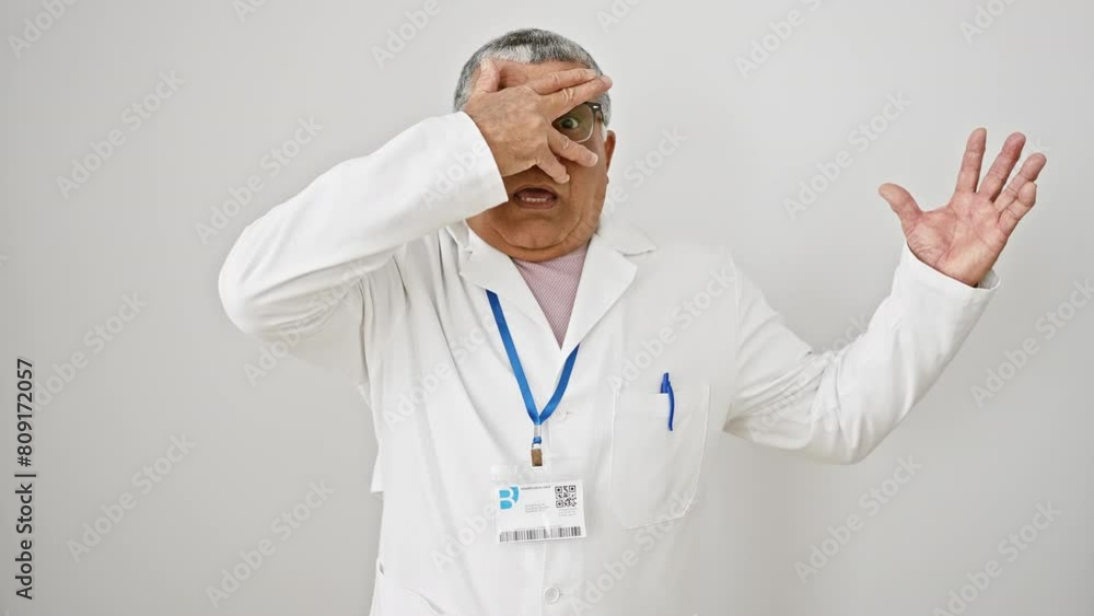 Startled, a grey-haired, middle age latin man in scientist uniform peeks through his fingers, hiding his face in fear and shock against a stark, white background Startled, a grey-haired, middle age latin man in scientist uniform peeks through his fingers, hiding his face in fear and shock against a stark, white background