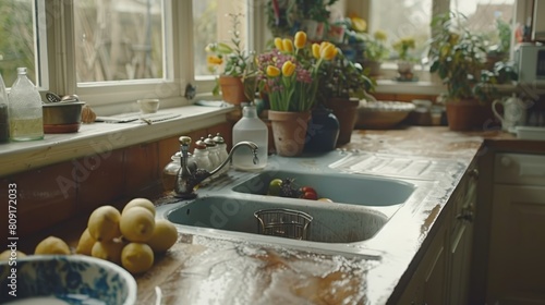   A kitchen counter featuring a sink  window sill filled with flowers  and a bowl of fruit
