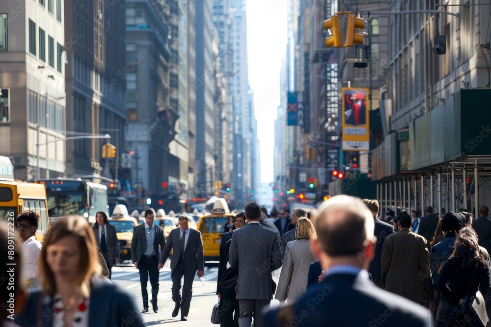 Obraz premium A crowd of people walking down a city street lined with tall buildings, A busy city street filled with people in business attire