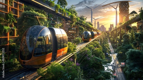 Sustainable Urban Paradise: Eco-Friendly Cityscape with Electric Trams, Bikes, and Wind Turbines Amongst Green Belts photo