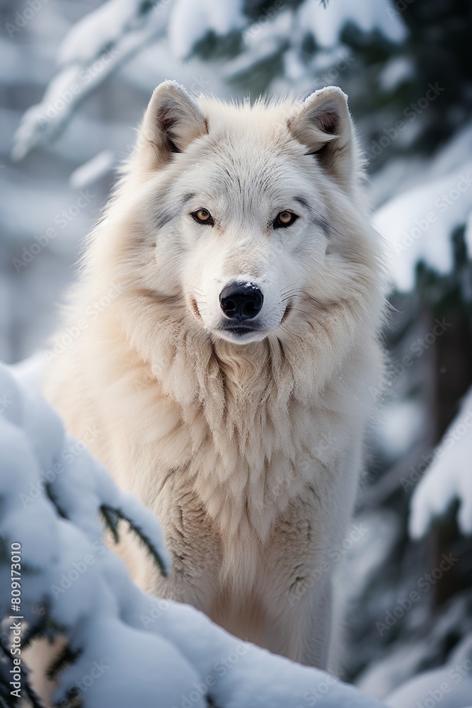 Majestic white wolf in snowy forest Majestic white wolf in snowy forest