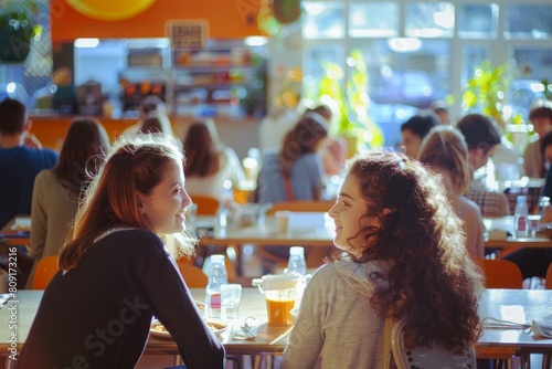 Two women sitting at a table in a bustling restaurant, engaged in conversation over a meal, A cacophony of laughter and chatter during lunchtime in the cafeteria photo