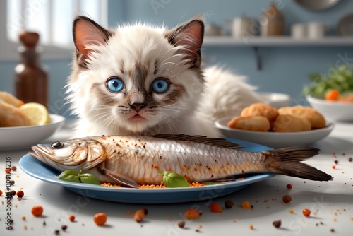 cute Ragdoll kitten looking at fried fish in a plate, isolated on a white background photo