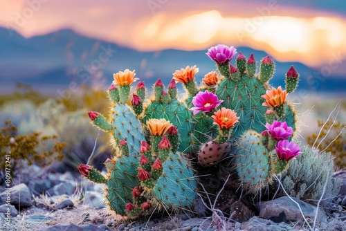 Collection of cactus plants thriving in arid desert landscape under the sun, A cactus blooming with vibrant flowers in the harsh desert environment photo