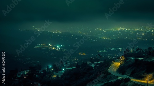 Photo of city lights of Los Angeles on the horizon at night from a drone.