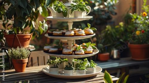   A three-tiered cake stand holds cupcakes; behind, potted plants photo