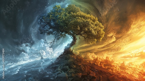 The tree of life stands tall in the center of a swirling storm, its roots firmly planted in the ground. The storm rages around it, but the tree remains steadfast. Its branches reach out towards the sk photo