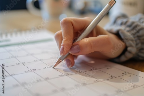 A person is writing on a sheet of paper with a pencil, focusing intently on the task at hand, A calendar displaying upcoming deadlines and meetings