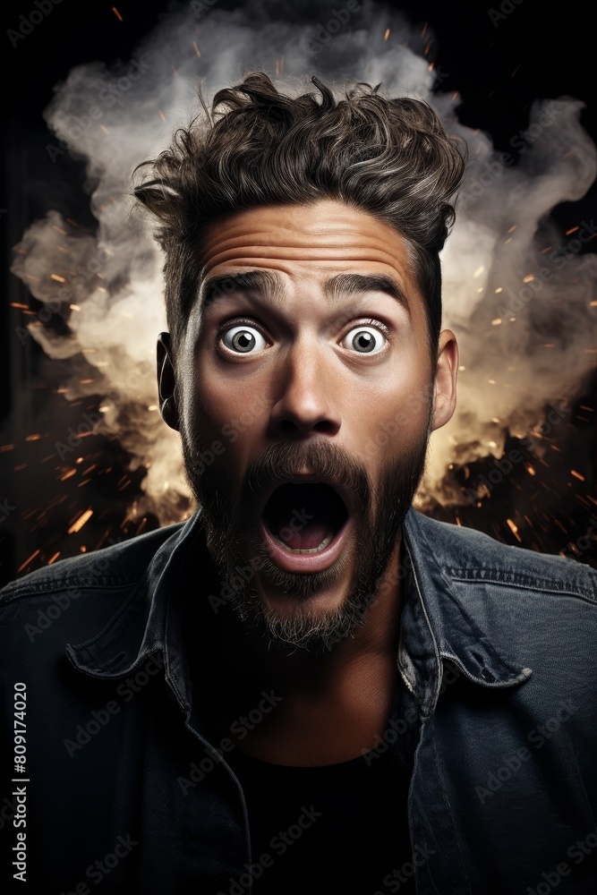Shocked man with dramatic expression and explosion in background