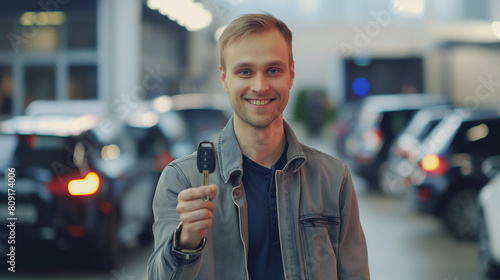 Homem segurando a chave de um carro em uma concessionaria   photo
