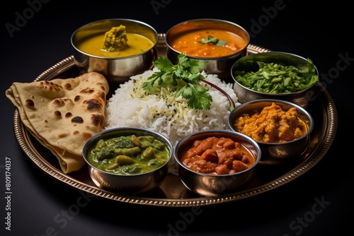 Assorted indian curry dishes with rice and naan bread