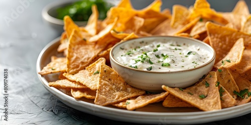Plate of Mexican queso blanco cheese dip served with corn tortilla chips. Concept Food Photography, Mexican Cuisine, Queso Blanco Dip, Corn Tortilla Chips, Cheese Appetizer