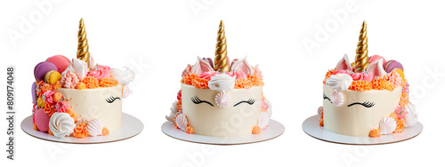 Cute unicorn cakes with painted closed eyes, isolated, png, close up with buttercream hair