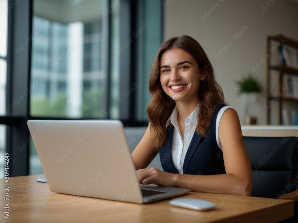 A young, joyful, and successful businesswoman using a laptop in a corporate office setting. A young, joyful, and successful businesswoman using a laptop in a corporate office setting.