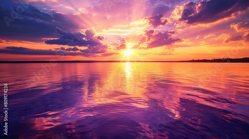 A breathtaking view of a vibrant sunset over a tranquil lake, with the sky painted in hues of pink, orange, and purple