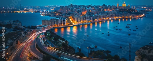 Aerial view of Gzira at night with glittering city lights and busy roads, Central Region, Malta. photo