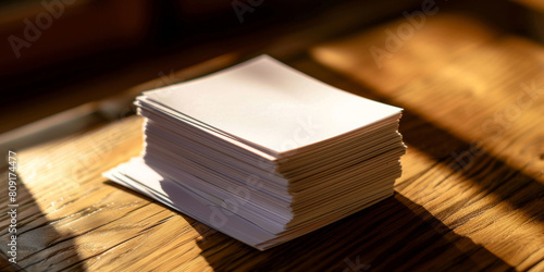 Sticky notes, stack and paper with pages on wooden table for schedule planning, agenda or reminder. Closeup of empty cards or documents for memory, memo or message on checklist, tips or blank pile