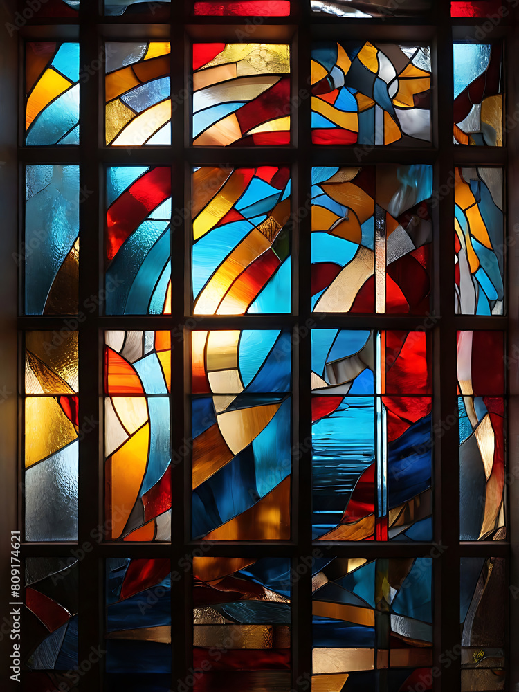 Modern stained glass window in black background. realistic light and shade,