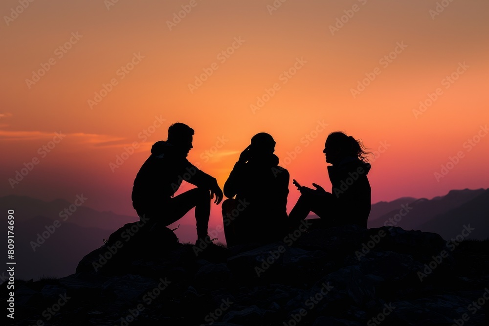 silhouette of three people talking at dusk on top of the mountain, silhouette photography Generative AI silhouette of three people talking at dusk on top of the mountain, silhouette photography Generative AI